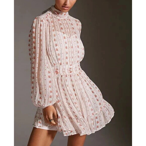 Anthropologie Let Me Be Mock Neck Sheerf Long Sleeve Mini Dress XS Cottagecore - Picture 1 of 16